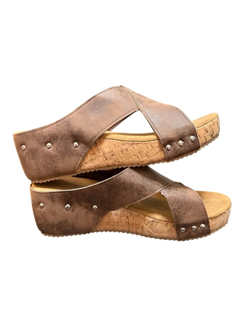 Women’s Cork Wedge Slide Sandals | Brown Criss Cross | Size 10 | NEW NWOB